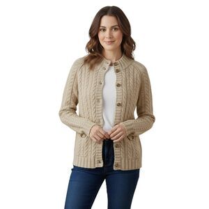 Banana Republic Cable Knit Cardigan S Cashmere Wool Tan Classic Preppy